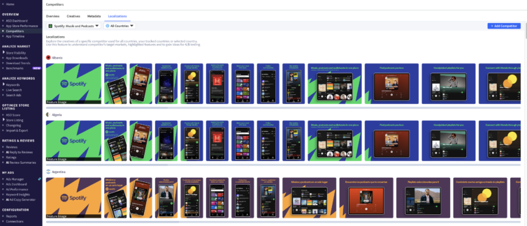 A screenshot from App Radar's Competitor Localization tool, for comparing app localization creatives